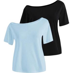 imageGirls Off The Shoulder Tops Short Sleeve Cute Summer T Shirts for Teens Girls Y2k Tops TrendyBlue and Black