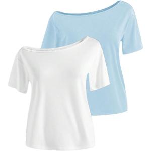 imageGirls Off The Shoulder Tops Short Sleeve Cute Summer T Shirts for Teens Girls Y2k Tops TrendyBlue and White