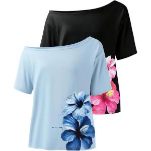 imageGirls Off The Shoulder Tops Short Sleeve Cute Summer T Shirts for Teens Girls Y2k Tops TrendyFloral Black Blue