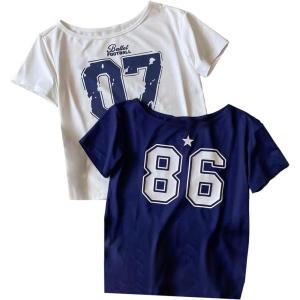 imageGirls Off The Shoulder Tops Short Sleeve Cute Summer T Shirts for Teens Girls Y2k Tops TrendyNumber Blue White