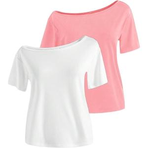 imageGirls Off The Shoulder Tops Short Sleeve Cute Summer T Shirts for Teens Girls Y2k Tops TrendyPink and White