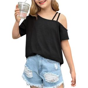 imageGirls Off The Shoulder Tops Short Sleeve Loose Summer T Shirt Tops Trendy Cold Shoulder TopsBlack