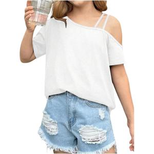 imageGirls Off The Shoulder Tops Short Sleeve Loose Summer T Shirt Tops Trendy Cold Shoulder TopsWhite