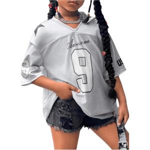 imageGirls Oversized T Shirts Letter Number Mesh Jersey Tops Short Sleeve V Neck Drop Shoulder TeesSilver
