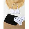 image:imageGirls 3 Piece Cute Bowknot Bathing Suit Halter Triangle High Waisted Swimsuit with Beach Cover Up SkirtPlaid Black and White