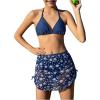 image:imageGirls 3 Piece Floral Swimsuits Cute Backless Triangle Bikini Set with Cover Up Beach SkirtBlue