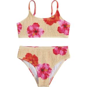 image:imageGirls 2 Piece Floral High Waisted Swimsuit Smocked Wireless Bathing Suit Boho Holiday Beachwear SetCoral Orange