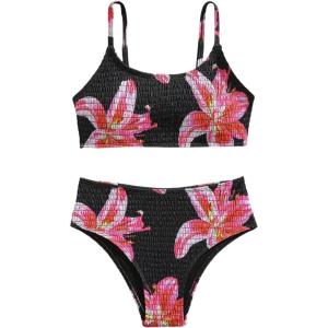 image:imageGirls 2 Piece Floral High Waisted Swimsuit Smocked Wireless Bathing Suit Boho Holiday Beachwear SetPink and Black