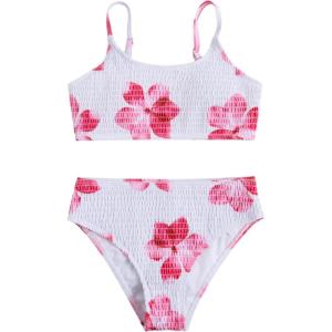 image:imageGirls 2 Piece Floral High Waisted Swimsuit Smocked Wireless Bathing Suit Boho Holiday Beachwear SetWhite