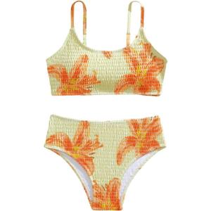 image:imageGirls 2 Piece Floral High Waisted Swimsuit Smocked Wireless Bathing Suit Boho Holiday Beachwear SetYellow and Orange