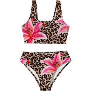 image:imageGirls 2 Piece Swimsuit Bikini Set Floral Cheetah High Cut Bikini Bottoms for Teens Beach SwimwearBrown