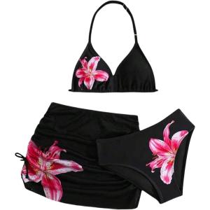 image:imageGirls 3 Piece Cute Bowknot Bathing Suit Halter Triangle High Waisted Swimsuit with Beach Cover Up SkirtBlack