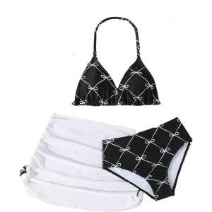 image:imageGirls 3 Piece Cute Bowknot Bathing Suit Halter Triangle High Waisted Swimsuit with Beach Cover Up SkirtBlack and White