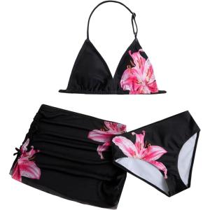 image:imageGirls 3 Piece Cute Bowknot Bathing Suit Halter Triangle High Waisted Swimsuit with Beach Cover Up SkirtFloral Black