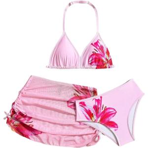 image:imageGirls 3 Piece Cute Bowknot Bathing Suit Halter Triangle High Waisted Swimsuit with Beach Cover Up SkirtHibiscus Pink