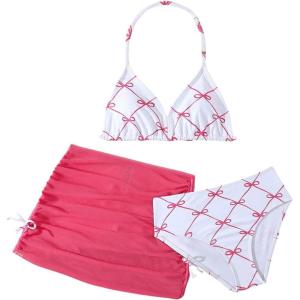 image:imageGirls 3 Piece Cute Bowknot Bathing Suit Halter Triangle High Waisted Swimsuit with Beach Cover Up SkirtHot Pink