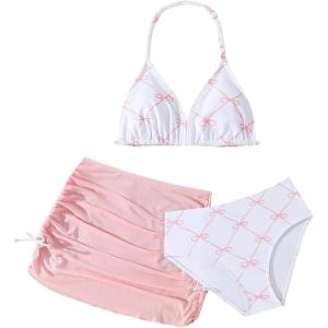 image:imageGirls 3 Piece Cute Bowknot Bathing Suit Halter Triangle High Waisted Swimsuit with Beach Cover Up SkirtPink