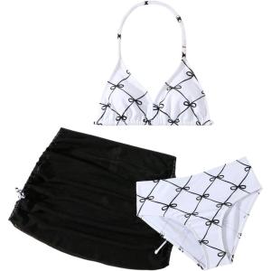 image:imageGirls 3 Piece Cute Bowknot Bathing Suit Halter Triangle High Waisted Swimsuit with Beach Cover Up SkirtPlaid Black and White