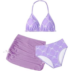 image:imageGirls 3 Piece Cute Bowknot Bathing Suit Halter Triangle High Waisted Swimsuit with Beach Cover Up SkirtPurple
