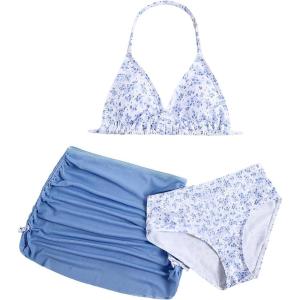 image:imageGirls 3 Piece Cute Bowknot Bathing Suit Halter Triangle High Waisted Swimsuit with Beach Cover Up SkirtTeal Blue