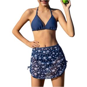 image:imageGirls 3 Piece Floral Swimsuits Cute Backless Triangle Bikini Set with Cover Up Beach SkirtBlue