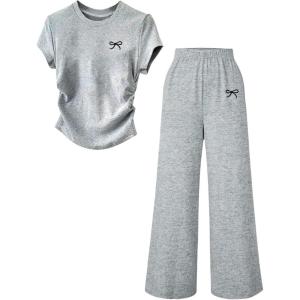 image:imageGirls 2 Piece Outfits Short Sleeve Bow Graphic T Shirts and Wide Leg Pants Summer Cute ClothesGrey