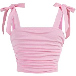 image:imageGirls Elegant Tie Shoulder Tank Top Sleeveless Ruched Summer Crop TopsLight Pink
