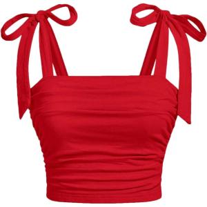 image:imageGirls Elegant Tie Shoulder Tank Top Sleeveless Ruched Summer Crop TopsRed