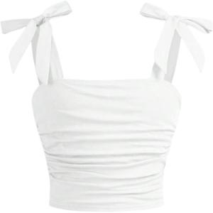 image:imageGirls Elegant Tie Shoulder Tank Top Sleeveless Ruched Summer Crop TopsWhite