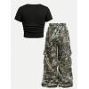 image:imageGirls 2 Piece Summer Outfits Short Sleeve Ruched Basic Tess and Camo Cargo Pants Sets TrendyBlack