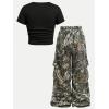 image:imageGirls 2 Piece Summer Outfits Short Sleeve Ruched Basic Tess and Camo Cargo Pants Sets TrendyBlack