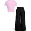 image:imageGirls 2 Piece Summer Outfits Short Sleeve Ruched Basic Tess and Camo Cargo Pants Sets TrendyBow Pink and Black