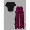 image:imageGirls 2 Piece Summer Outfits Short Sleeve Ruched Basic Tess and Camo Cargo Pants Sets TrendyHot Pink