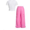 image:imageGirls 2 Piece Summer Outfits Short Sleeve Ruched Basic Tess and Camo Cargo Pants Sets TrendyMulticolor Pink