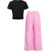 image:imageGirls 2 Piece Summer Outfits Short Sleeve Ruched Basic Tess and Camo Cargo Pants Sets TrendyPink and Black