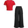 image:imageGirls 2 Piece Summer Outfits Short Sleeve Ruched Basic Tess and Camo Cargo Pants Sets TrendyRed Black