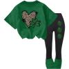 image:imageGirls 2 Piece Leopard Cheetah Outfits Short Sleeve Heart Graphic Tees and Skinny Leggings SetsMulticolor Green