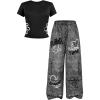 image:imageGirls 2 Piece Summer Outfits Floral Graphic Tees and Wide Leg Pants Set Cute Clothes StreetwearBlack