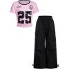 image:imageGirls 2 Piece Summer Outfits Short Sleeve Ruched Basic Tess and Camo Cargo Pants Sets TrendyBlack Number Pink