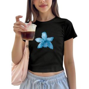 image:imageFloral Graphic Crop Tops for Girls Short Sleeve Slim fit Preppy Summer T Shirt Y2k Tops TrendyBlack