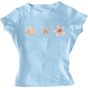 image:imageFloral Graphic Crop Tops for Girls Short Sleeve Slim fit Preppy Summer T Shirt Y2k Tops TrendyBlue
