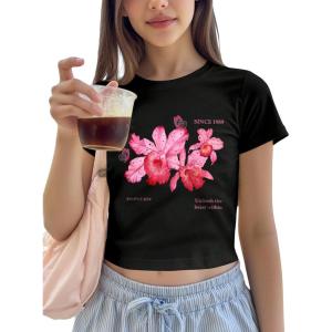 image:imageFloral Graphic Crop Tops for Girls Short Sleeve Slim fit Preppy Summer T Shirt Y2k Tops TrendyFloral Black