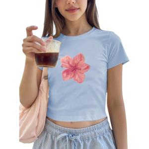 image:imageFloral Graphic Crop Tops for Girls Short Sleeve Slim fit Preppy Summer T Shirt Y2k Tops TrendyFloral Light Blue