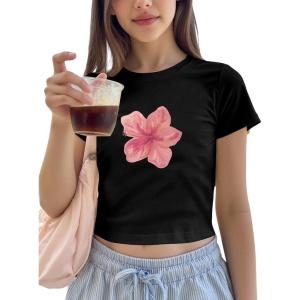 image:imageFloral Graphic Crop Tops for Girls Short Sleeve Slim fit Preppy Summer T Shirt Y2k Tops TrendyFloral Print Black