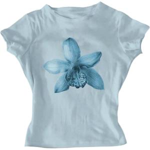 image:imageFloral Graphic Crop Tops for Girls Short Sleeve Slim fit Preppy Summer T Shirt Y2k Tops TrendyLight Blue