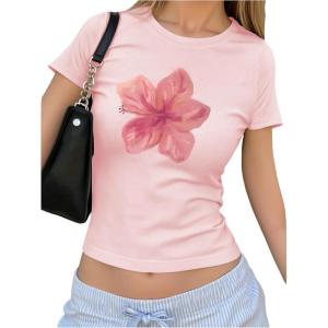 image:imageFloral Graphic Crop Tops for Girls Short Sleeve Slim fit Preppy Summer T Shirt Y2k Tops TrendyPink
