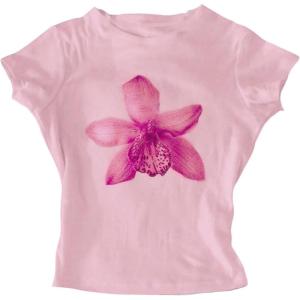 image:imageFloral Graphic Crop Tops for Girls Short Sleeve Slim fit Preppy Summer T Shirt Y2k Tops TrendyPink Floral