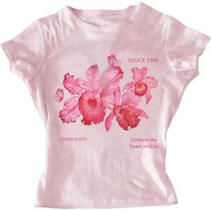 image:imageFloral Graphic Crop Tops for Girls Short Sleeve Slim fit Preppy Summer T Shirt Y2k Tops TrendyPink Graphic