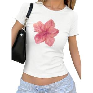 image:imageFloral Graphic Crop Tops for Girls Short Sleeve Slim fit Preppy Summer T Shirt Y2k Tops TrendyWhite