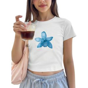 image:imageFloral Graphic Crop Tops for Girls Short Sleeve Slim fit Preppy Summer T Shirt Y2k Tops TrendyWhite Floral